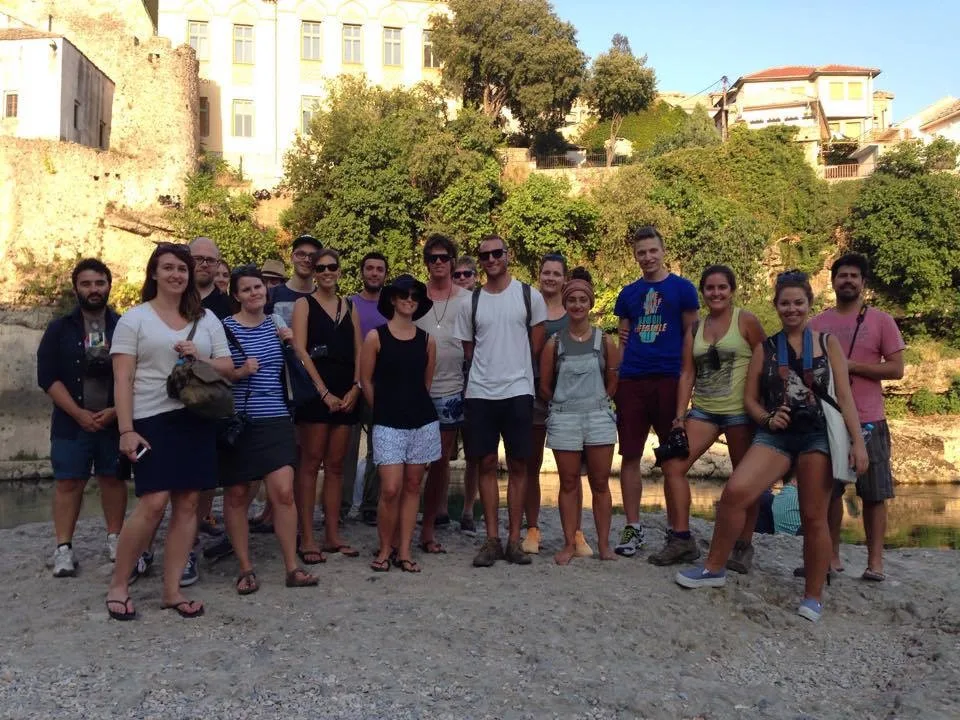 Walking tour group in Mostar at the Kujundžiluk bazaar